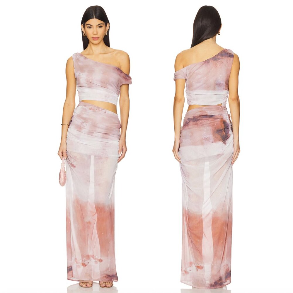 One-Shoulder Pink & Peach Tie-Dye Maxi Dress